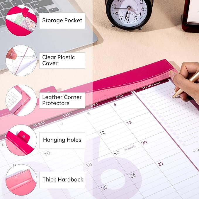 Yoment Desk Calendar 2026, Jan 2026-Dec 2027, 2026 Desk Calendar Large 17 x 12, 2026 Calendar with Plastic Cover, Pockets, to-Do Lists, Desktop Wall Calendar 2026-2027 for Office School Home, Pink