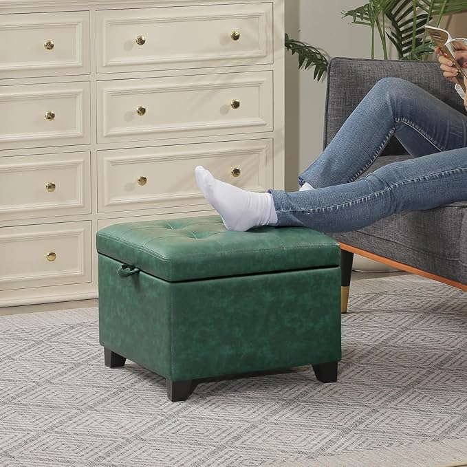 Asense 17 Inch Storage Ottoman Foot Rest,Square Faux Leather Foot Stool,Small Ottoman with Storage,Padded Seat for Entryway,Living Room,Bedroom,Couch,Under Desk,Green