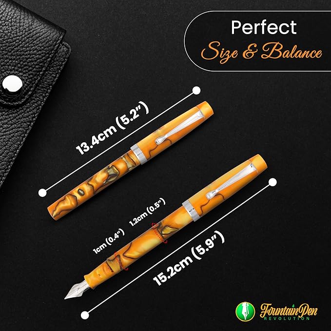 FPR Himalaya V2-Chrome Ultra Flex Nib Pen - Twist-Style Converter Filled Calligraphy Pens for Writing-Fancy Pens for Men & Women - Flex Fountain Pen w/Metal Clip & Cap Ring (Saffron Orange Acrylic)