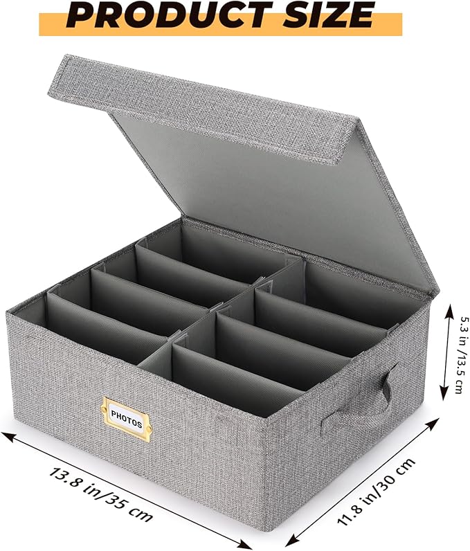 Erogeen Decorative Photo Storage Box with lid 4x6, 8 Inner Photo Organizer with Dividers, Memory Storage Box for Pictures, Stamps, Keepsakes (Gray)