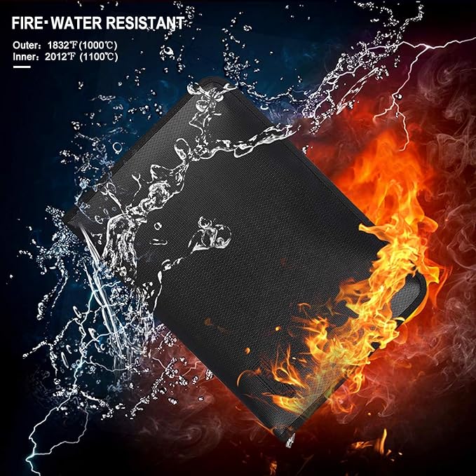 Expanding File Folder Important Document Organizer Fireproof & Waterproof Document Bag with A4 Size 3 Pockets Zipper Closure Non-Itchy Silicone Coated Portable Filing Wallet Pouch(14.3inx9.8inx1.6in)