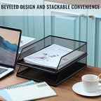 Hicarer 2 Pcs Black Metal Letter Tray Stackable Desk Tray Single Wire Mesh Organizer Front Load File Paper Holder for Desktop Office Home School Classroom (12.8 x 9.84 Inch)