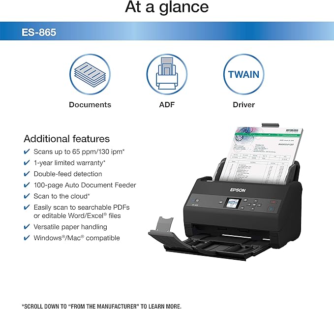 Epson Workforce ES-865 High Speed Color Duplex Document Scanner with Twain Driver
