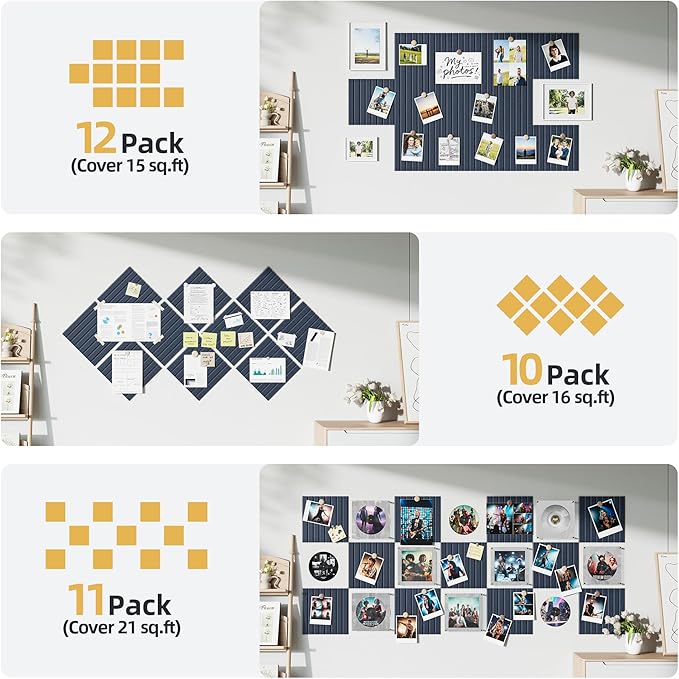 Large Cork Board for Wall 36" x 48" Blue Bulletin Board with Safe Removable Adhesive Squares for Pictures Photos, Alternative CorkBoard Felt Pin Boards Tiles for Office Classroom Wall Decor - 12 Pack