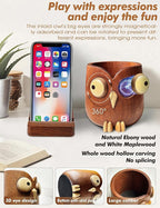 WODTILIFE Cute Owl Pen Holder for desk and walnut Phone Stand, Fun ebony pencil holder, magnetic rotating eyes, Single solid wood hollow design, for Office accessories School Home and Holiday Gifts.