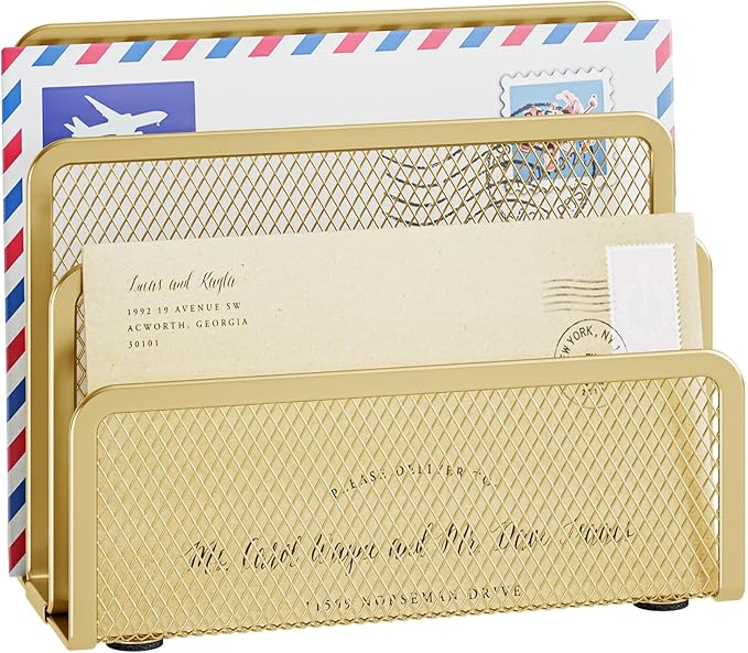 Marbrasse Mail Organizer for Desk, 3-Slot Mesh Metal Mail Holder countertop, Letter Holder, Office Desktop Envelope and Document Storage Rack (Gold)