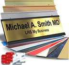 Personalized Name Plate with Choice of Mounting Holders for Walls, Doors, Cubicles, Hanging and More - Custom Brushed Brass Plastic Black Letters - USA Made 2x10 - M6