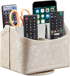 PUSU Leather 360°Rotatable Remote Control Holder,Nightstand TV Remote Caddy,Office Supplies Desktop Organizer,Spinning Storage Box for Pen,Mail,Phone,DVD, Blu-Ray, Media Player, Heater Controllers