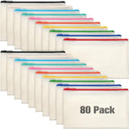 Reginary 80 Pack Canvas Zipper Makeup Bags Bulk Pencil Pouches Blank DIY Craft Canvas Cosmetic Bag Pouch with Zipper for Makeup Cosmetic Toiletry Stationary Storage(Natural and Colorful Zippers)