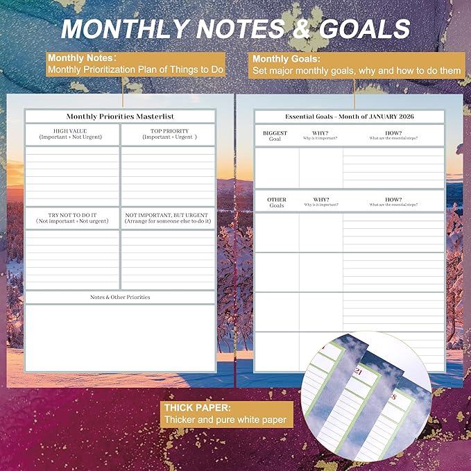 CAGIE 2026 planner weekly and monthly: 12 Months Jan 2026 - Dec 2026 Hardcover Yearly Daily Planner 2026 monthly planner 8.5 x 11, Large Spiral Bound Calendar Planner for Women Weekly Agenda with Tabs Stickers, Purple Marble