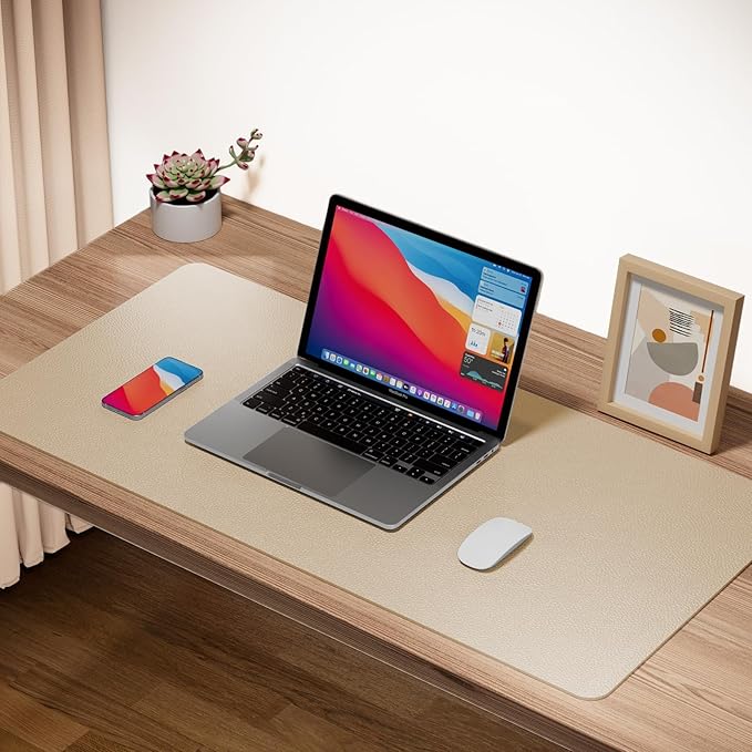 Boutilon Leather Desk Pad Protector,Non-Slip Mouse Pad,Laptop Desk Pad,Office Mouse Mat,Waterproof Leather Desk Blotter,Desk Writing Pad for Office and Home (M-Beige,30"x14")