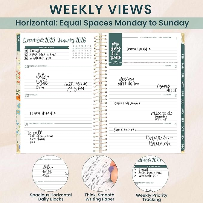 bloom daily planners HARDCOVER 2026 Planner (January to December) - A5 Task Goal Organizer - Monthly & Weekly Inspirational Agenda Book - 5.5" x 8.25" - Garden Party, Beige