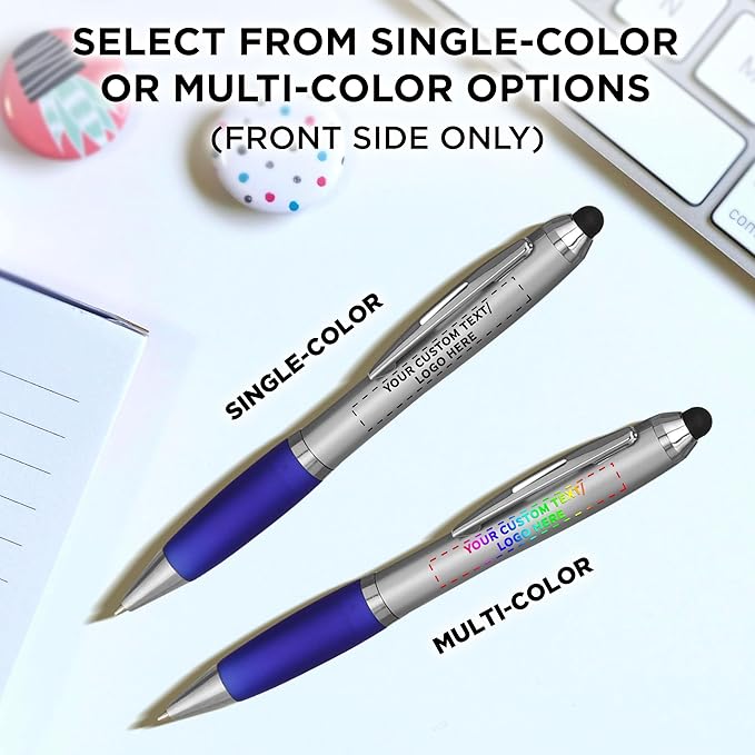 DISCOUNT PROMOS Custom Stylus Ballpoint Pens Set of 10, Personalized Bulk Pack - Black Ink, Great for Office, School, Business, Tradeshows, Events - Blue