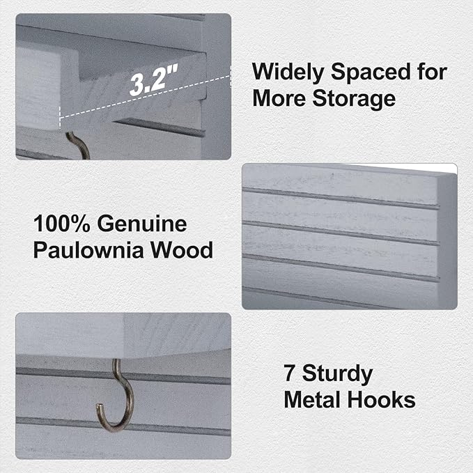 Lwenki Decorative Key Holder for Wall with Shelf, Entryway Shelf with Hooks Holds Leashes, Jackets and Glasses – Sturdy Wood Keyholder Entrance Hanger with Mounting Hardware (Gray, Large)