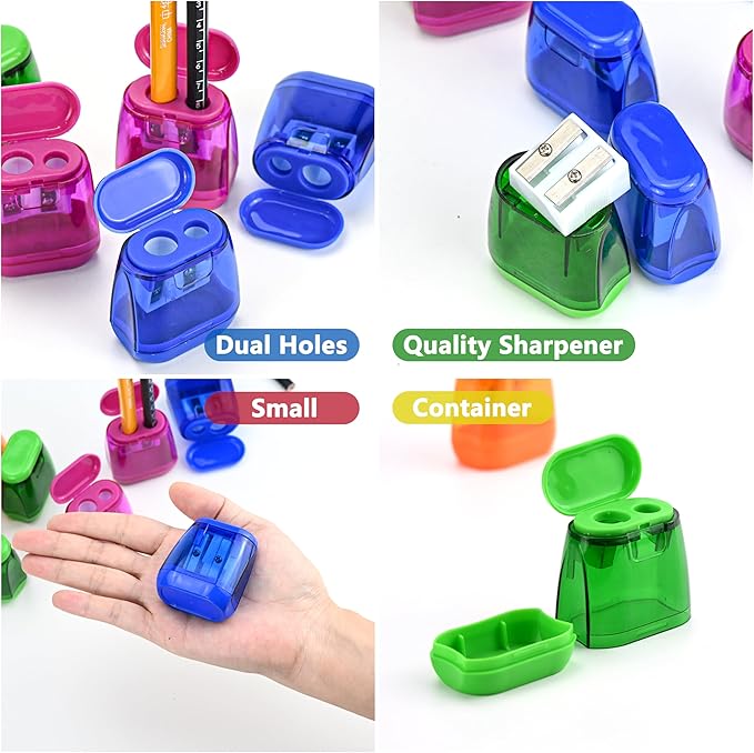 AUSTARK 24Pcs Pencil Sharpener Manual, Assorted Color Small Dual Hole Pencil Sharpeners Bulk with Lid for School Office Home (Geometry-24)