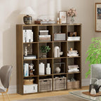 Jpiziso 16-Cube Storage Organizer Bookcase, Thick Frame Wood Grain Storage Shelf, Rectangular Cube Open Back Display Unit, 48.8x9.4x48.8 Inches for Living Room, Bedroom, Home Office, Natural Brown