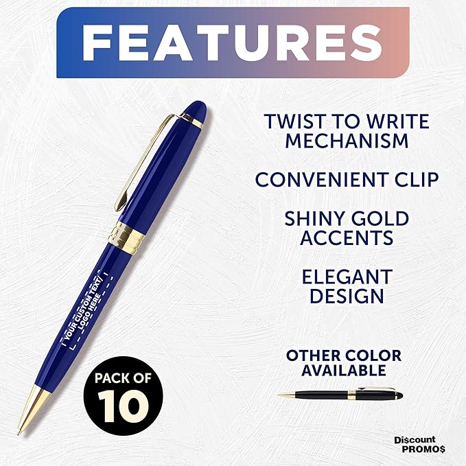 DISCOUNT PROMOS 10 Ultra Executive Pens Pack - Customizable Text, Logo - Twist To Write, Gold Accent - Blue