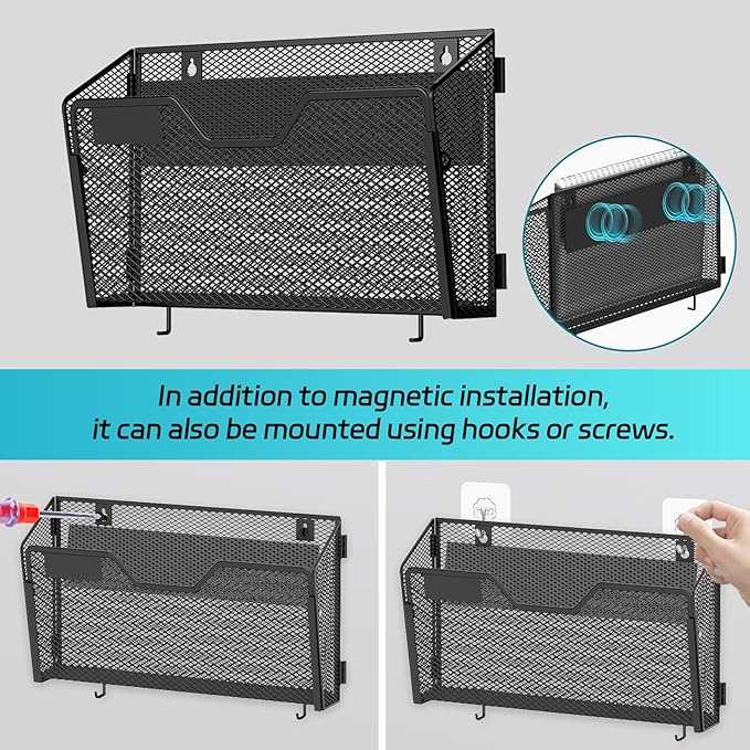 SUPEASY Magnetic File Holder, 6 Pack File Folder Organizer, Wall File Organizer, No Drilling Paper Document Holder & Binder Holder for Home / Office (with Label Panel, 14 * Adhesive Wall Hook)