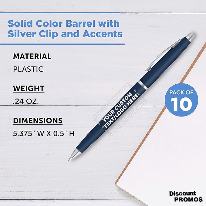 DISCOUNT PROMOS Custom Langham Ballpoint Pens Set of 10, Personalized Bulk Pack - Black Ink, Great for Office, School, Business, Tradeshows - Navy Blue