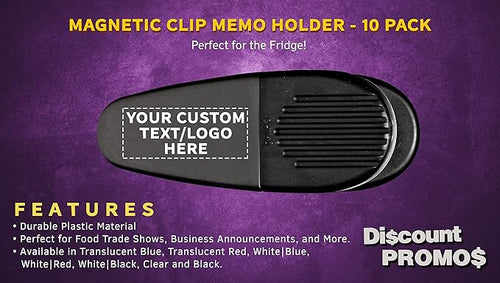 10 Magnetic Memo Holders Set - Customizable Text, Logo - Large Clip, Plastic - Black