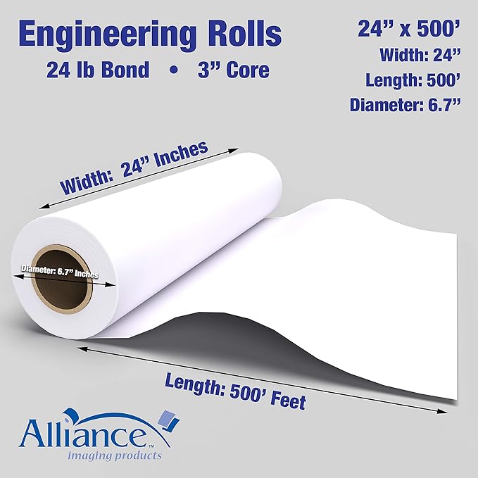 Alliance Wide Format Paper 24" x 500' Rolls Bond Engineering (24lb | 2 Rolls, 24 In x 500 Ft | 3" Core)