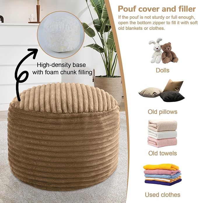MeMoreCool Stuffed Round Pouf Ottoman Foot Rest, Soft Plush Floor Pouf Foot Stool, Corduray Footstool Footrest, Small Round Ottoman for Living Room Couch Sofa Chair, 20x15 Inch Coffee