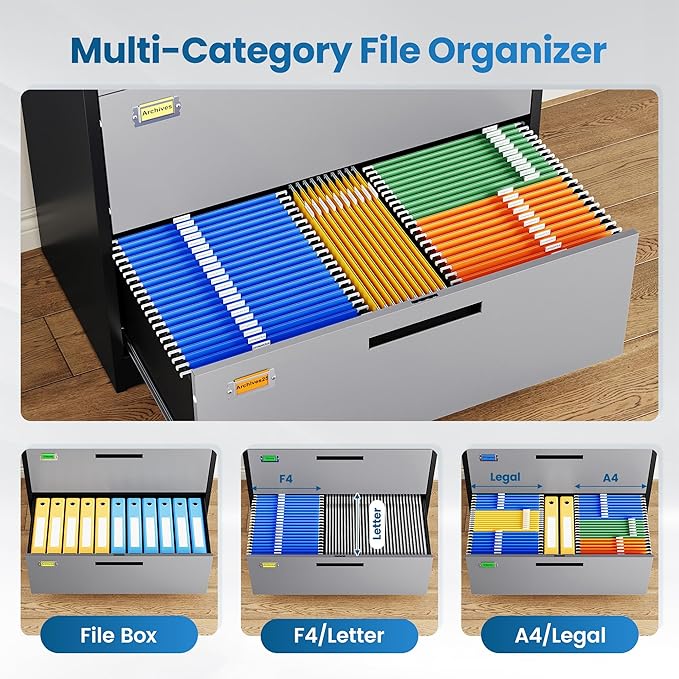 PEUKC 3 Drawer File Cabinet, Lateral Filing Cabinets for Home Office, Office Storage Drawers with Lock, Hanging Files Legal/Letter A4 Size (Assemble Required,Black Grey)
