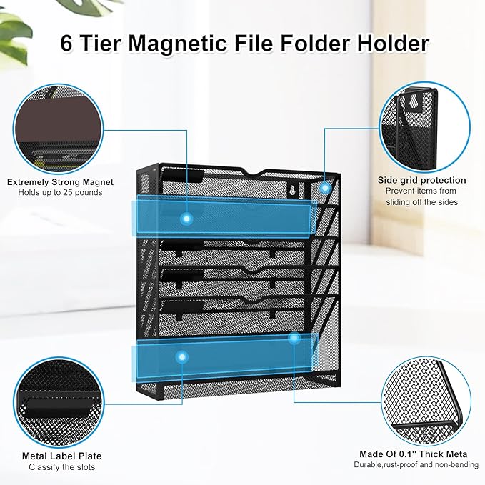 KZWKRG 6 Tier Magnetic File Holder, Large Capacity Mesh Hanging Wall Organizer Vertical Magnetic Hanging File Organizer, Magnetic File Folder Holder for File Cabinets, Office, Whiteboard (Black)