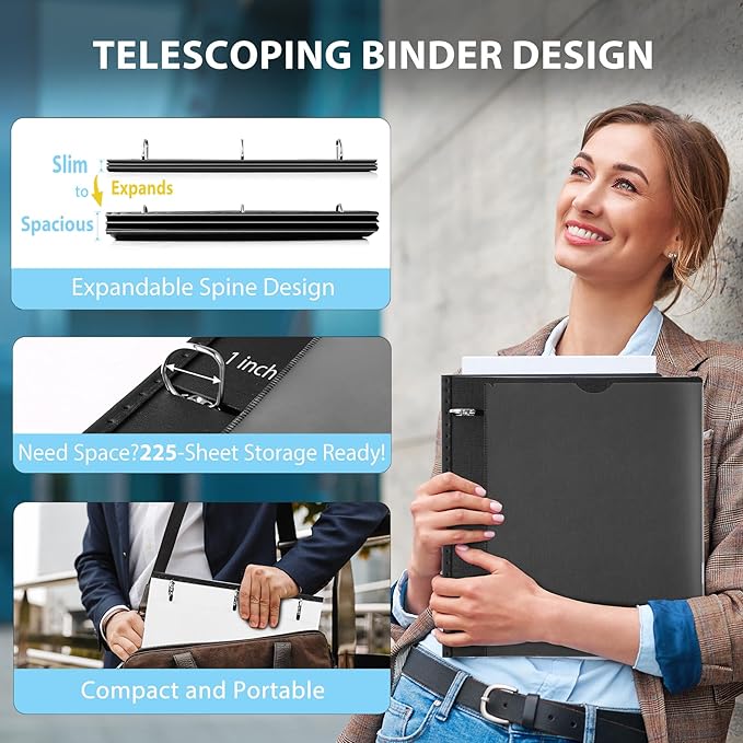 WOT I 12-Pack Telescoping 3 Ring Binder 1 Inch, Expandable Flexible Binder - Patented Design for Easy Portability, Holds 225 Sheets, Perfect for School, Office&Home Organization, Black