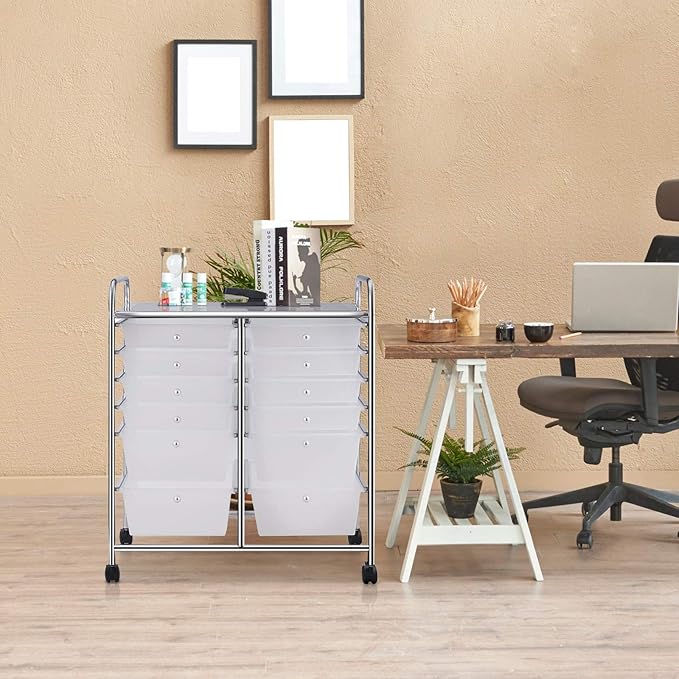 LDAILY 12 Drawer Rolling Storage Cart, Craft Cart Organizer on Wheels w/Metal Frame, Large Capacity & Smooth Drawer, Rolling Cart w/Drawers for Classroom, Office