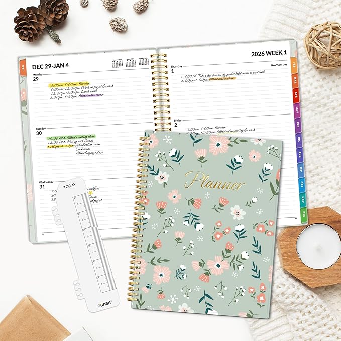 SUNEE 2026 Weekly and Monthly Planner - from January 2026 - December 2026, Daily Agenda Planner with Monthly Tab, Flexible Cover, Note Pages, Pockets, Bookmark, Spiral Binding, Green Wildflowers, 8.5"x11"