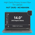 Kensington High Clarity Privacy Screens Filter for 14 inch 16:9 Laptops, Easy Installation Privacy Filter, Anti-Glare, 2H Hardness Protection, Compatible with HP Lenovo Samsung Asus HC140A169A
