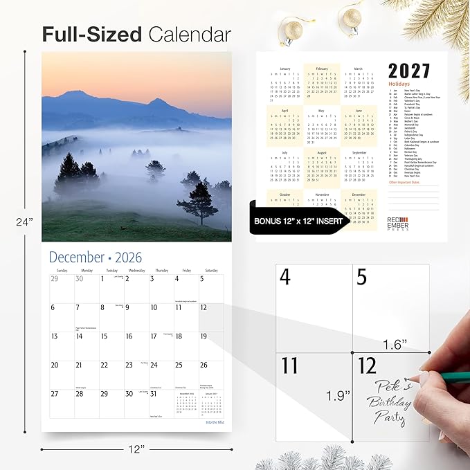 RED EMBER Into the Mist 2026 Wall Calendar 12 Month | 12" x 24" Open | Thick & Sturdy Paper | Holiday Gift | Nature Calendar 2026