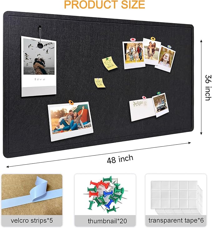 Yunihome Large Bulletin Board - Foldable 36x48 Inches Cork Board Alternative with 20 Push Pins, 3' x 4' Self-Adhesive Felt Bulletin Board for Wall, Home Office Classroom Decor