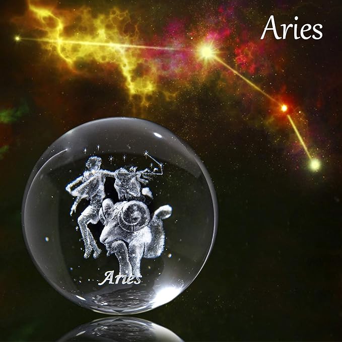 3D Laser Constellation Ball Crystal Paperweight Full Sphere Glass Fengshui with Sliver-Plated Flowering Stand(Aries)