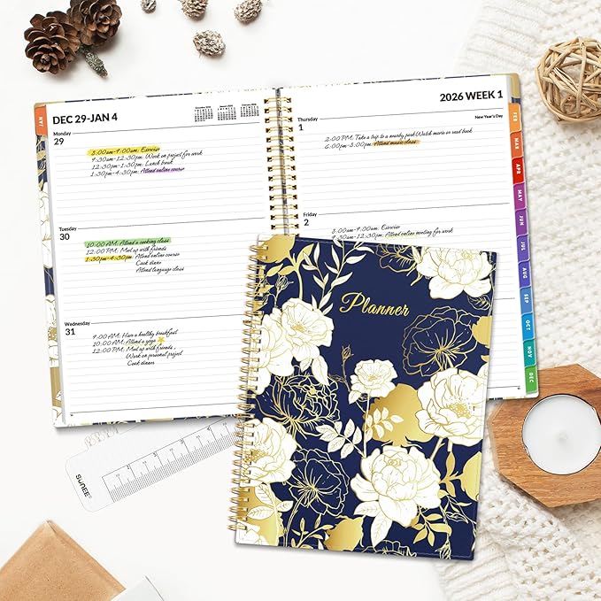 SUNEE 2026 Weekly and Monthly Planner - from January 2026 - December 2026, Daily Agenda Planner with Monthly Tab, Flexible Cover, Note Pages, Pockets, Bookmark, Spiral Binding, Vintage Floral, 8.5"x11"