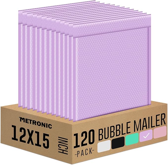 Metronic 120Pack Bubble Mailer 12x15 Inch Lavender Waterproof Padded Envelopes Self-Seal Large Bubble Mailers Cushioning Bubble Envelopes for Shipping,Books,Jewelry Makeup Supplies