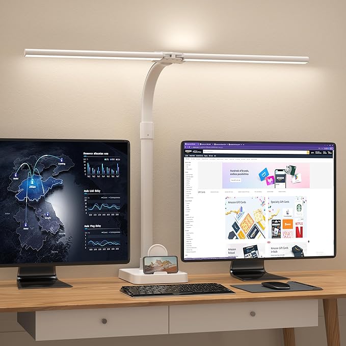 AKRRYR Led Desk Lamp for Home Office,24W Bright Eye-Caring Desk Light with Base,5 Brightness and 5 temperatures Dimmable Workbench Task Light, Adjustable Gooseneck Table Lamp for Monitor(White)