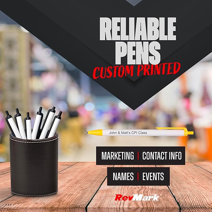 RevMark Personalized Ballpoint Pen, Custom Printed Name, Business or Event Information, Timeless Advertising, USA Made Pens, Promotional Marketing, Smooth Black Ink, Bulk Pack (Yellow,500 Ct)
