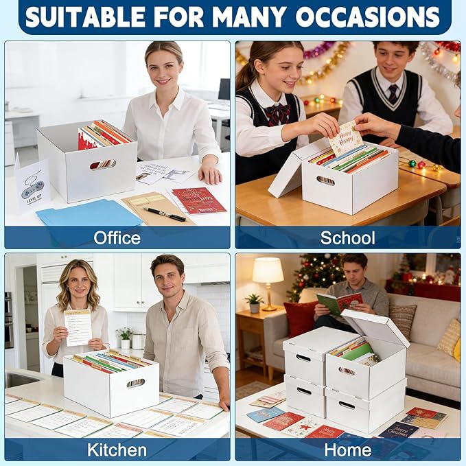 4Pack Greeting Card Storage Box, Greeting Card Organizer Box with 20 Dividers Holds 600 Cards+, Large Capacity Greeting Card Holder with 4 Sticker Labels White Card Box for Postcards, Photos, Envelope