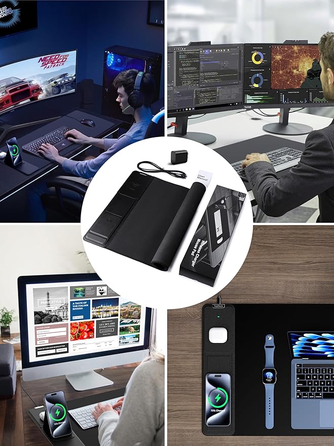 Wireless Charging Mouse Pad with Foldable Phone Holder, 31.5" x 15.8" XXL Large Desk Pad, Gaming Mousepad with Ultra-Smooth Surface, Non-Slip Base, Black Waterproof Desk Mat, with 20W PD Charging Kit