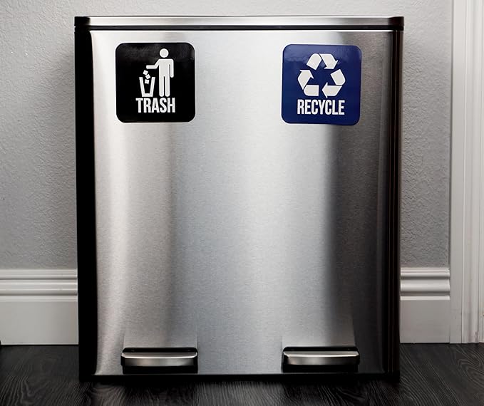 Recycle and Trash Magnets for Kitchen Trash Cans and Recycling Bins, Indoor Trash and Recycle Magnet Combo for Garbage Can Logo Symbol, 2 Magnetic Sticker Adhesives, 5.5 Inch Square, Waste Bin (Blue)