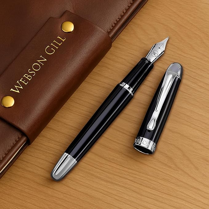 Webson Gill The Boss' Black Luxury Executive Fountain Pen, Polished Lacquer & Chrome, Medium Nib, Smudge Free No Bleed, Use Any Fountain Ink with Included Converter, Fits Cartridges (sold separately)