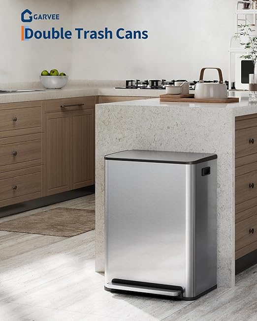Garvee Stainless Steel Garbage Can, 2 x 8 gal Dual Compartment Trash Can with 2 Inner Buckets and Soft Close Lid, Foot Pedal Garbage Bin for Bathroom, Living Room, Kitchen, Silver