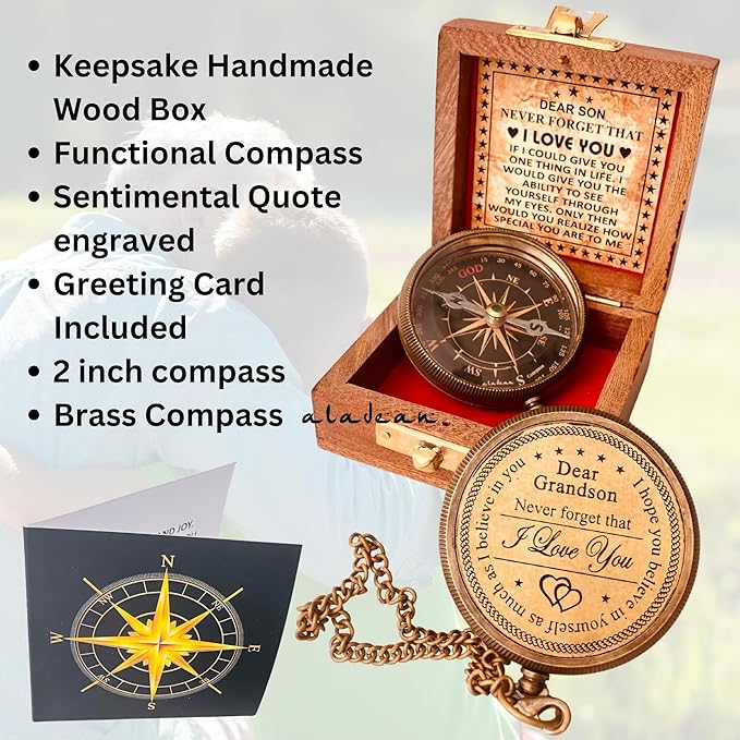 Gift for Grandson Brass Compass Engraved Quote | Memory Present to My Grandson Birthday, Baptism, Graduation, Confirmation, Love, Gift idea by Grandpa Grandma