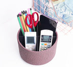 Hennaja Round Leather Art Supply Organizer,Remote Control Holder,360 Degree Spinning,Multi-Functional Pencil Holder,4 Compartments Desktop Stationary Organizer(1-Wood Soil)