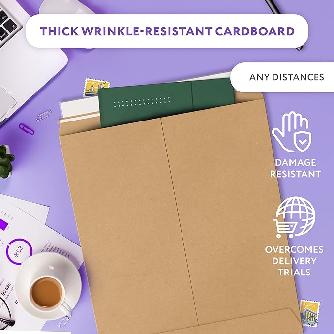 APQ Supply Natural Brown Rigid Mailers, 11 x 13.5 Inch. Pack of 10 Cardboard Envelopes for Photos, Documents. Sturdy Stay Flat Mailers with Self-Seal Closure. Hard Rigid Shipping Envelopes