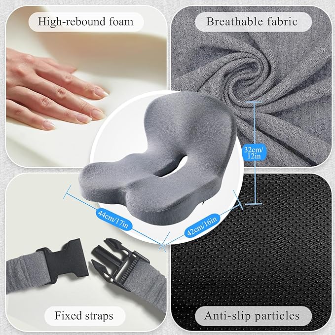 Mosxoed Ergonomic Seat Cushion with Adjustable Strap, Memory Foam Office Chair Seat Cushion with L-Shaped Design, Car Seat Cushion Fits for Truck Driver Semi Truck, Gaming Chair, Desk, Light Gray