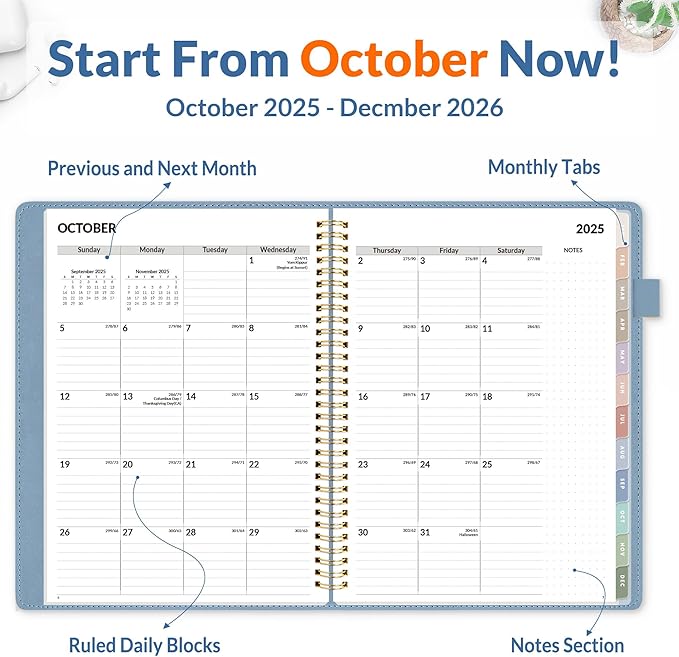 SUNEE 2026 Planner, Weekly and Monthly Calendar Planner 9"x11.2"- 12 Month (January 2026 - December 2027), Vegan Leather Cover, Pocket, Bookmark, Notes, Monthly Tab, Gay Blue