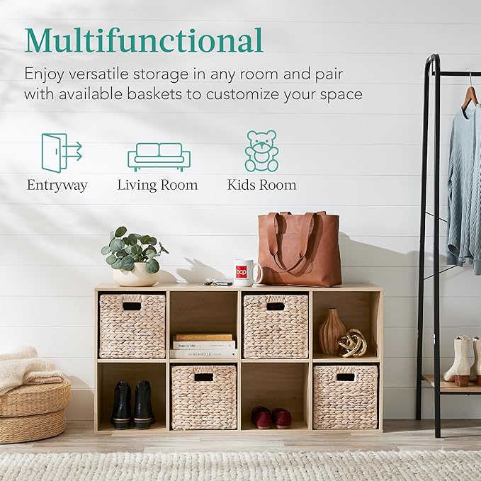 Best Choice Products 8-Cube Storage Organizer, 13.5in Shelf Opening, Bookcase, Display Shelf, Customizable w/ 2 Removable Back Panels – Light Oak